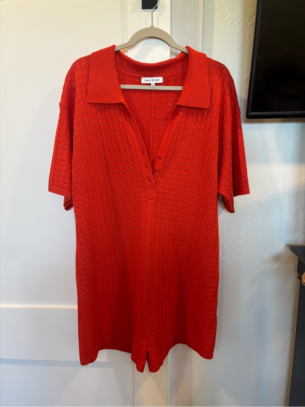 Jacqui E Red Knit Short-Sleeve Romper with Collar
